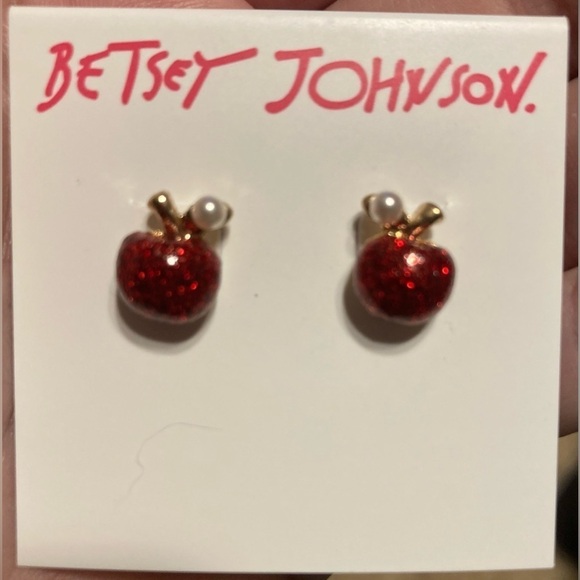 BETSEY JOHNSON Glittering Sparkle Shiny Apple Earrings Part of Matching Set NWT - Picture 1 of 5